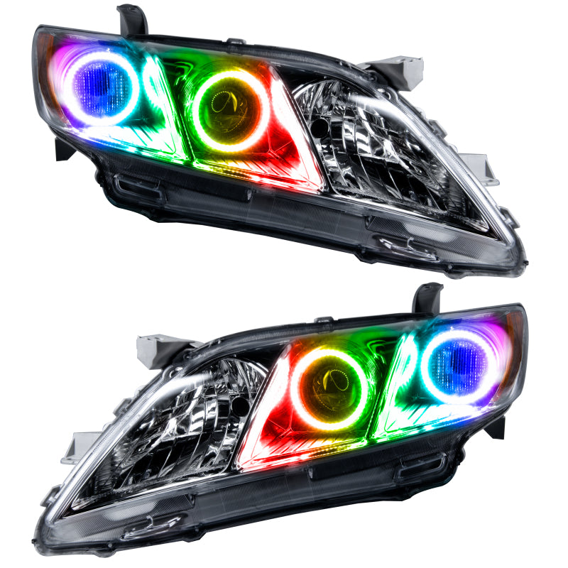 Oracle 07-09 Toyota Camry SMD headlights with ColorSHIFT halos installed in Chrome and Black housing options.