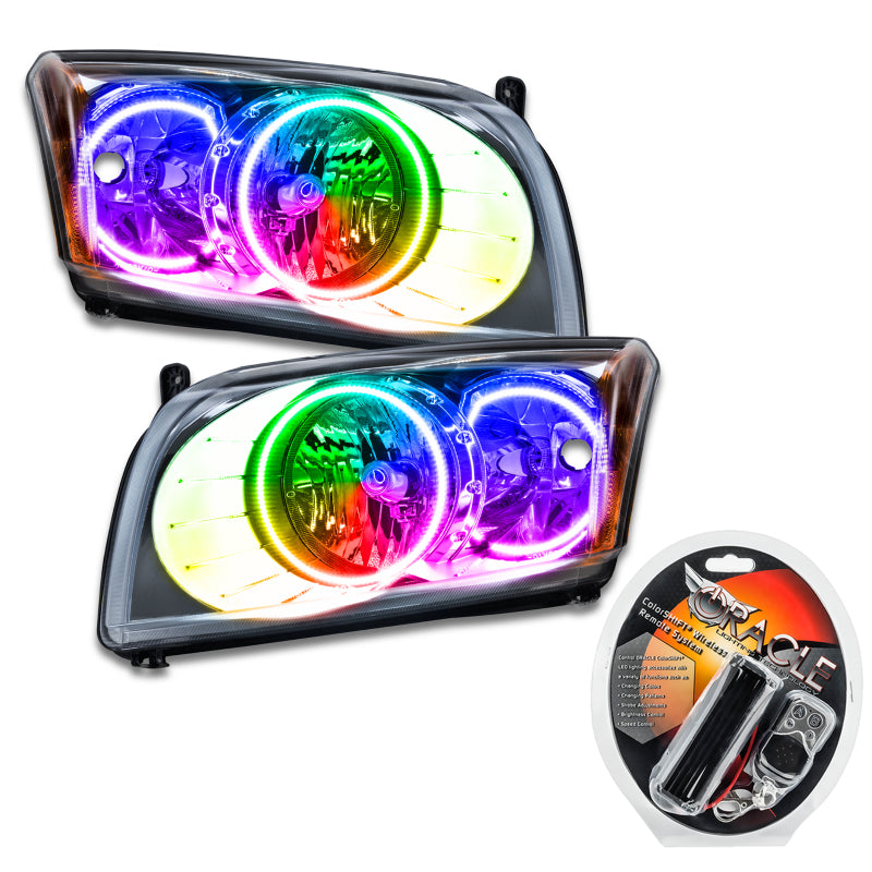 Oracle 07-12 Dodge Caliber SMD headlights with ColorSHIFT halos in Chrome and Black housing, showcasing their sleek design and vibrant lighting.