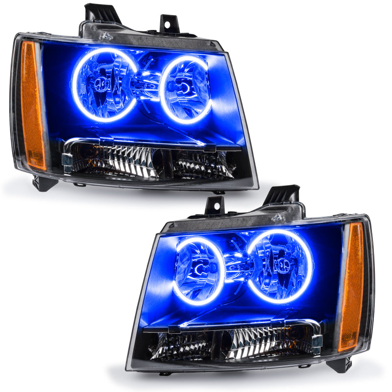 Oracle pre-assembled SMD headlights for Chevrolet Avalanche, featuring blue halo rings in Chrome and Black housing options.