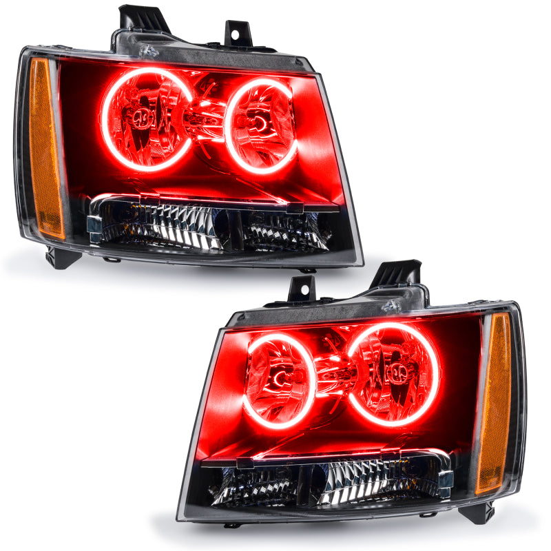 Oracle Pre-Assembled SMD Headlights for Chevrolet Avalanche with red halo rings, showcasing chrome and black housing options.