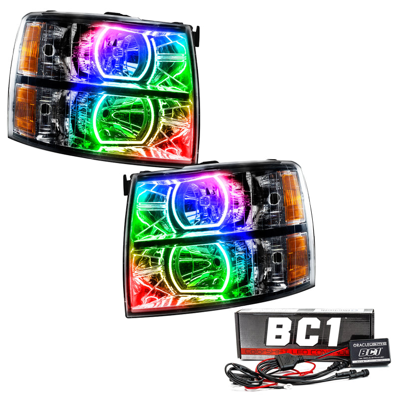 Oracle 07-13 Chevrolet Silverado SMD headlights in black with ColorSHIFT technology, showcasing vibrant LED lights.