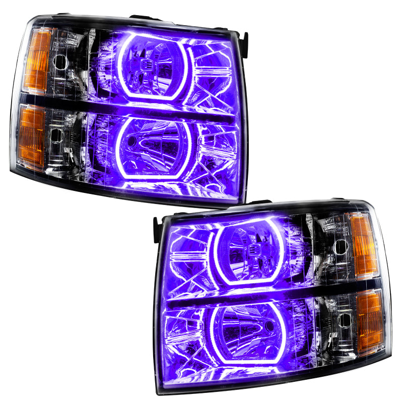 Oracle 07-13 Chevrolet Silverado SMD headlights in black with ColorSHIFT technology, showcasing vibrant LED lights.