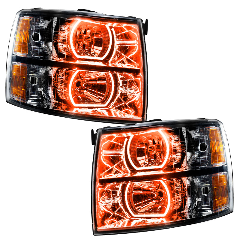 Oracle 07-13 Chevrolet Silverado SMD headlights in black with ColorSHIFT technology, showcasing vibrant LED lights.