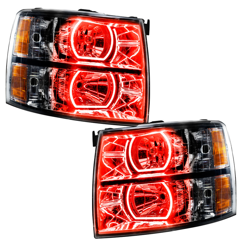 Oracle 07-13 Chevrolet Silverado SMD headlights in black with ColorSHIFT technology, showcasing vibrant LED lights.