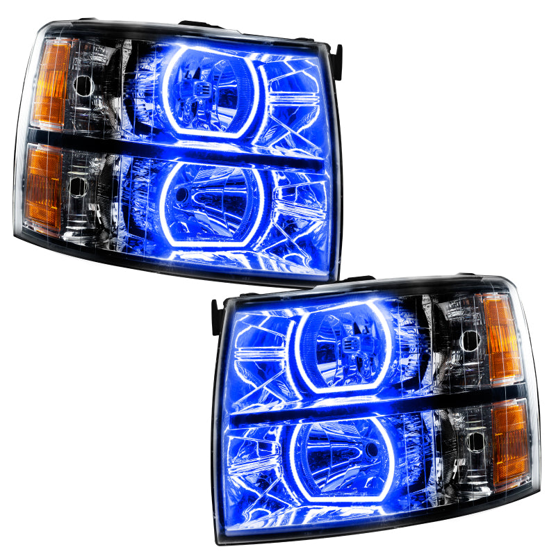 Oracle 07-13 Chevrolet Silverado SMD headlights in black with ColorSHIFT technology, showcasing vibrant LED lights.