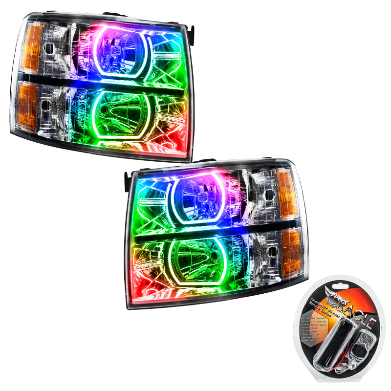 Oracle 07-13 Chevrolet Silverado SMD headlights with ColorSHIFT technology, showcasing Chrome and Black housing options.