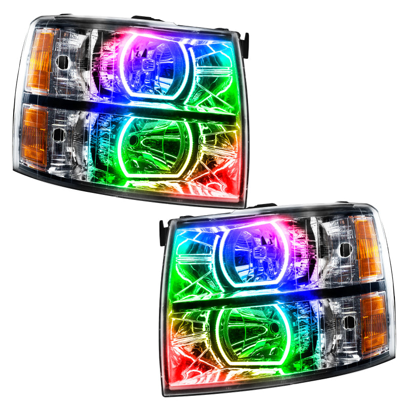 Oracle 07-13 Chevrolet Silverado SMD headlights with ColorSHIFT technology, showcasing Chrome and Black housing options.