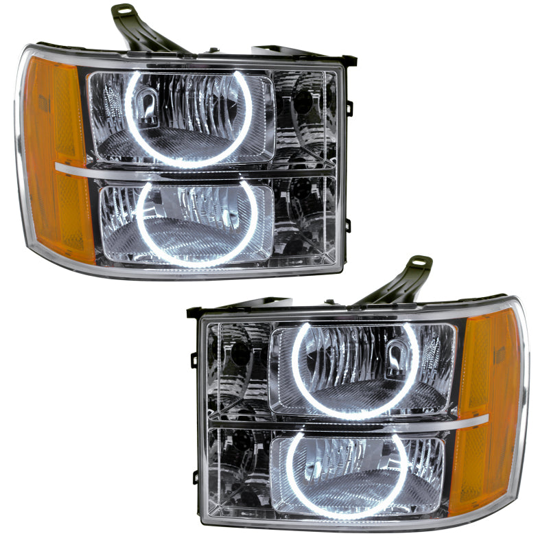 Oracle 07-13 GMC Sierra SMD headlights with round ring design in white, showcasing chrome and black housing options.