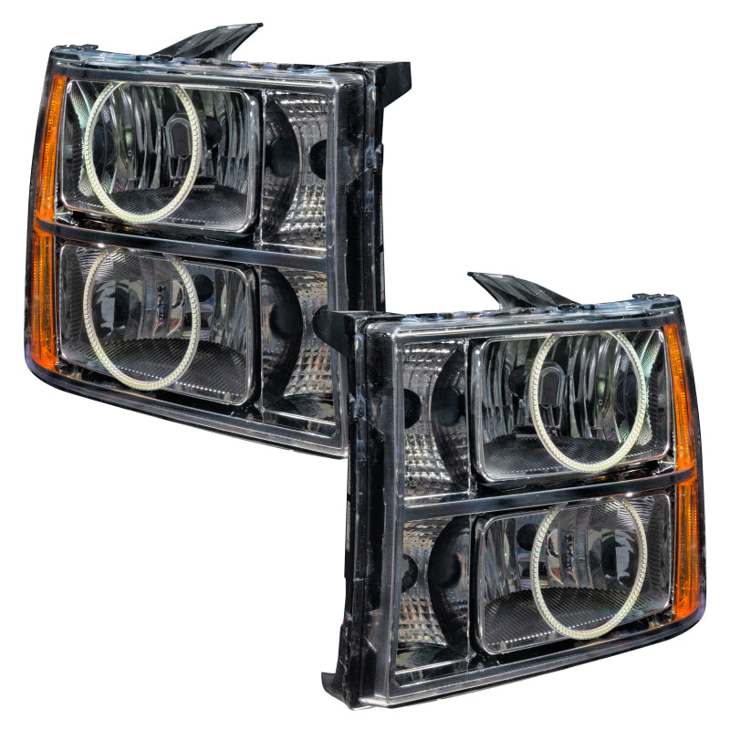 Oracle 07-13 GMC Sierra SMD headlights with round ring design in white, showcasing chrome and black housing options.