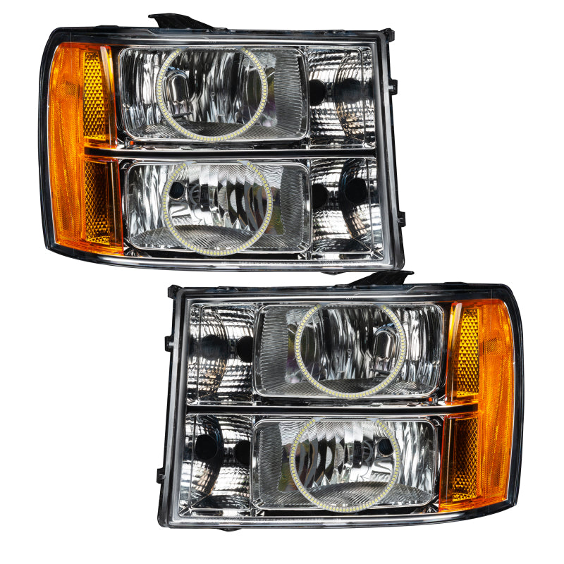 Oracle 07-13 GMC Sierra SMD headlights with round ring design in white, showcasing chrome and black housing options.