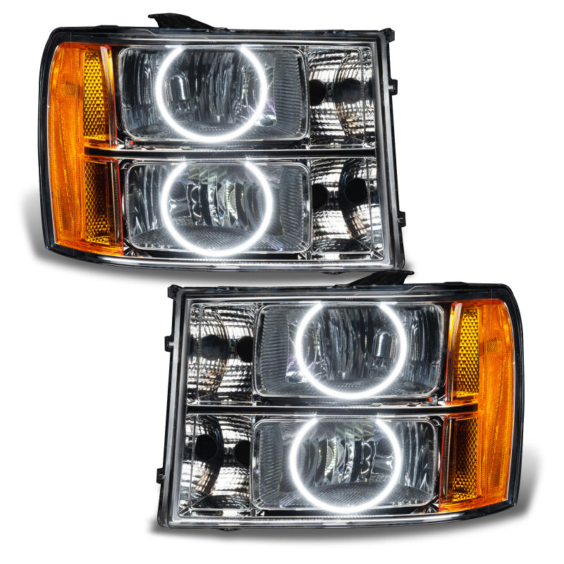 Oracle 07-13 GMC Sierra SMD headlights with round ring design in white, showcasing chrome and black housing options.