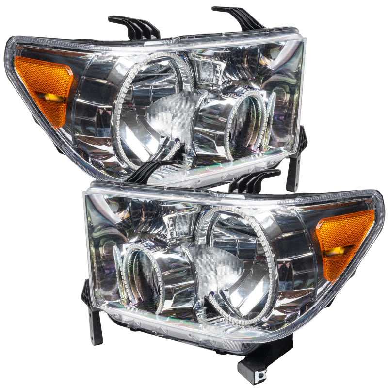 Oracle 07-13 Toyota Tundra SMD headlights with ColorSHIFT halos, showcasing Chrome and Black housing options.