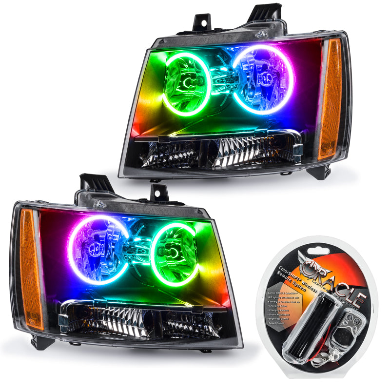 Oracle 07-14 Chevrolet Tahoe SMD HL headlights with ColorSHIFT technology, showcasing Chrome and Black housing options.