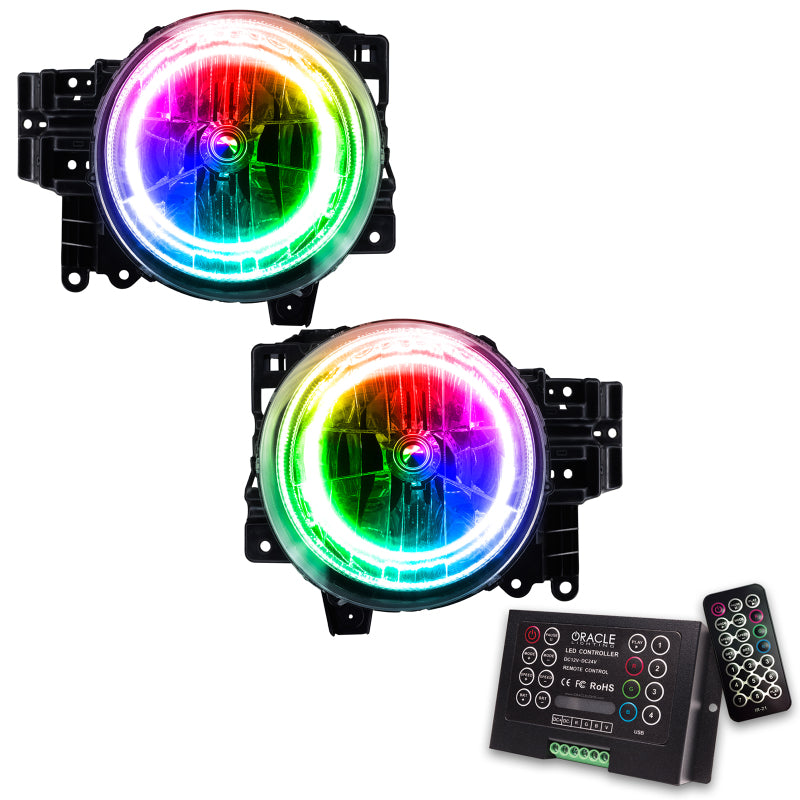 Oracle 07-14 Toyota FJ Cruiser SMD headlights with ColorSHIFT halo rings and 2.0 controller, showcasing Chrome and Black housing options.