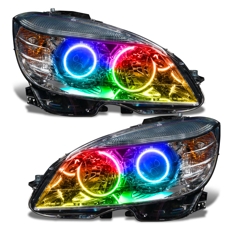 ORACLE pre-assembled headlights for 2008-2011 Mercedes Benz C-Class with chrome housing and halo rings installed.