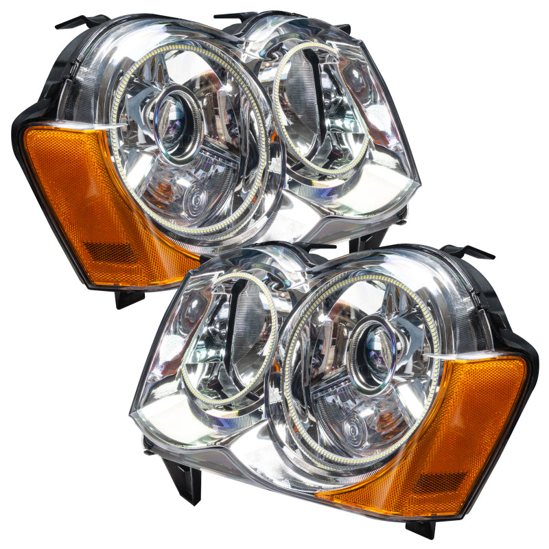 Oracle 08-10 Jeep Grand Cherokee SMD headlights with HID and ColorSHIFT technology, featuring Chrome and Black housing options.