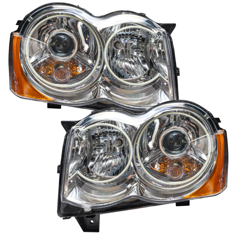 Oracle 08-10 Jeep Grand Cherokee SMD headlights with HID and ColorSHIFT technology, featuring Chrome and Black housing options.