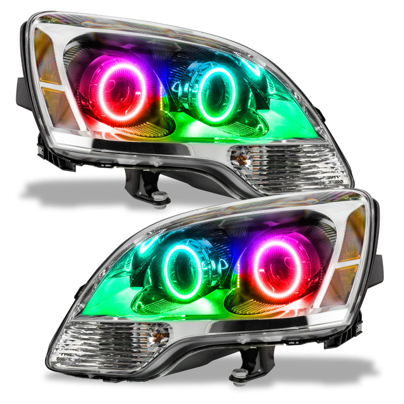 Oracle 08-12 GMC Acadia SMD Halogen headlights with ColorSHIFT technology, featuring pre-assembled halo rings in Chrome or Black housing.