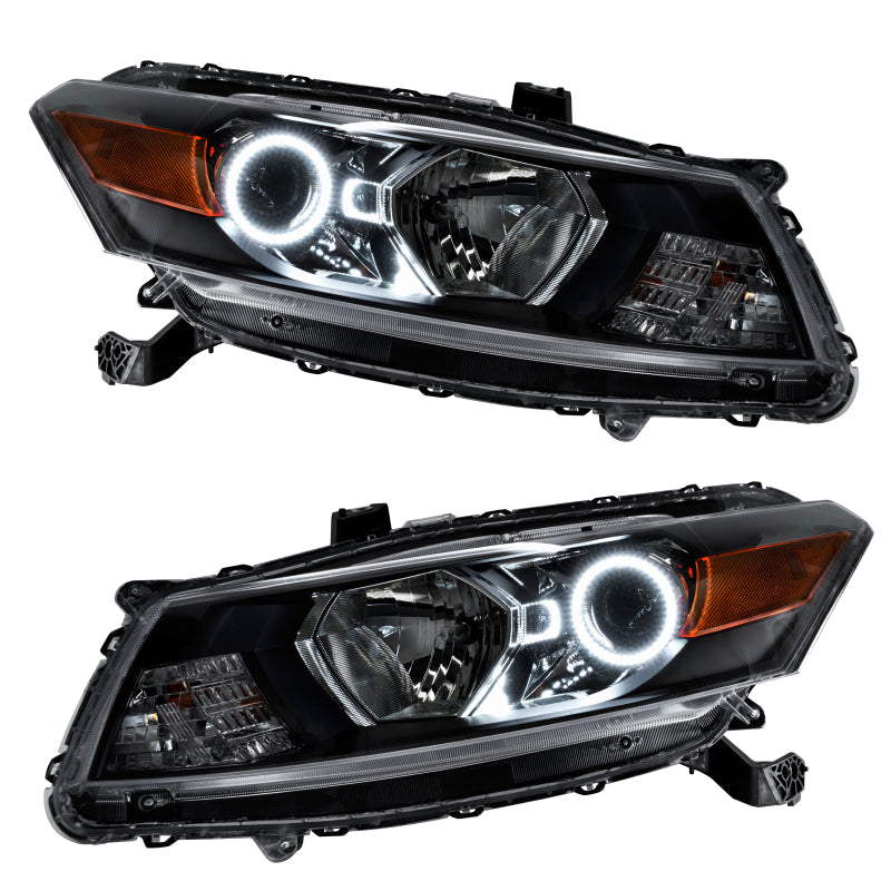 Oracle pre-assembled white headlights for 2008-2012 Honda Accord Coupe with halo rings installed.