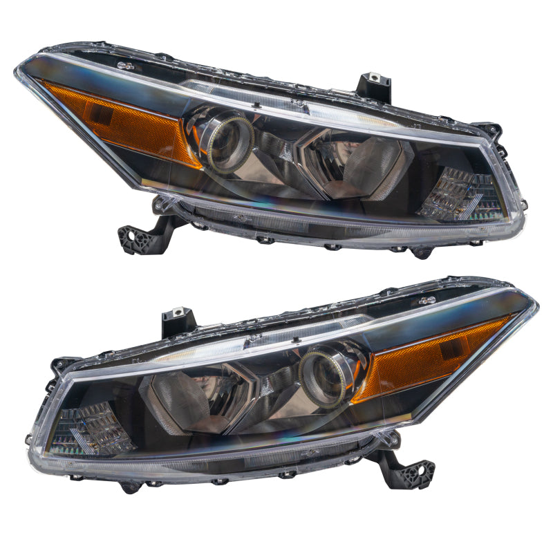Oracle pre-assembled white headlights for 2008-2012 Honda Accord Coupe with halo rings installed.
