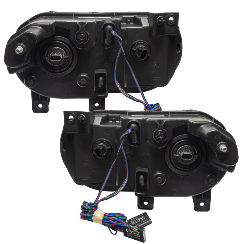 Oracle 08-14 Dodge Challenger SMD headlights with ColorSHIFT technology, featuring pre-assembled halo rings in Chrome and Black housing.