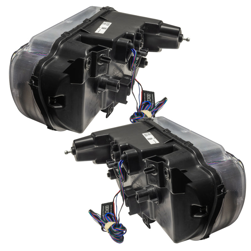 Oracle 08-14 Dodge Challenger SMD headlights with ColorSHIFT technology, featuring pre-assembled halo rings in Chrome and Black housing.