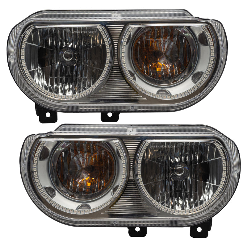 Oracle 08-14 Dodge Challenger SMD headlights with ColorSHIFT technology, featuring pre-assembled halo rings in Chrome and Black housing.