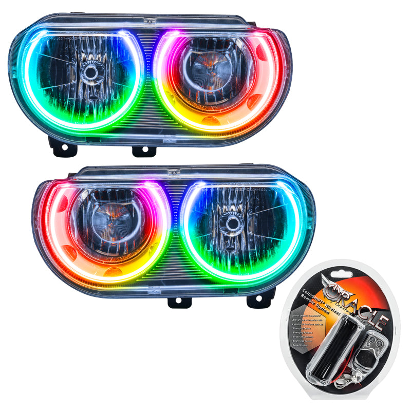Oracle 08-14 Dodge Challenger SMD headlights with ColorSHIFT technology, featuring Chrome and Black housing options.