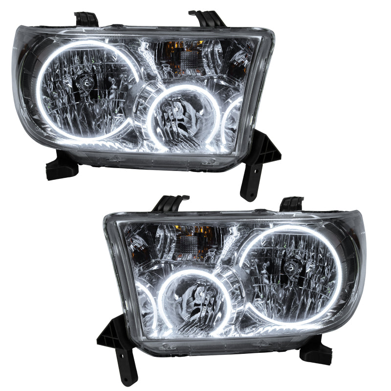 Oracle 08-16 Toyota Sequoia SMD HL headlights with white halo rings, featuring chrome and black housing options.