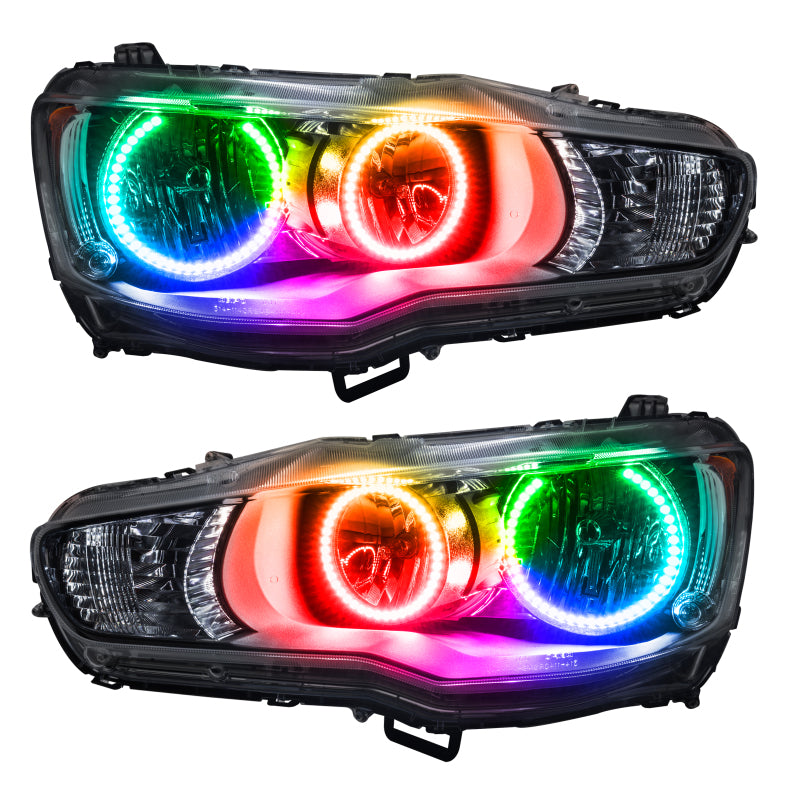 Oracle 08-17 Mitsubishi Lancer SMD HL ColorSHIFT headlights with Chrome and Black housing options, showcasing professional halo installation.
