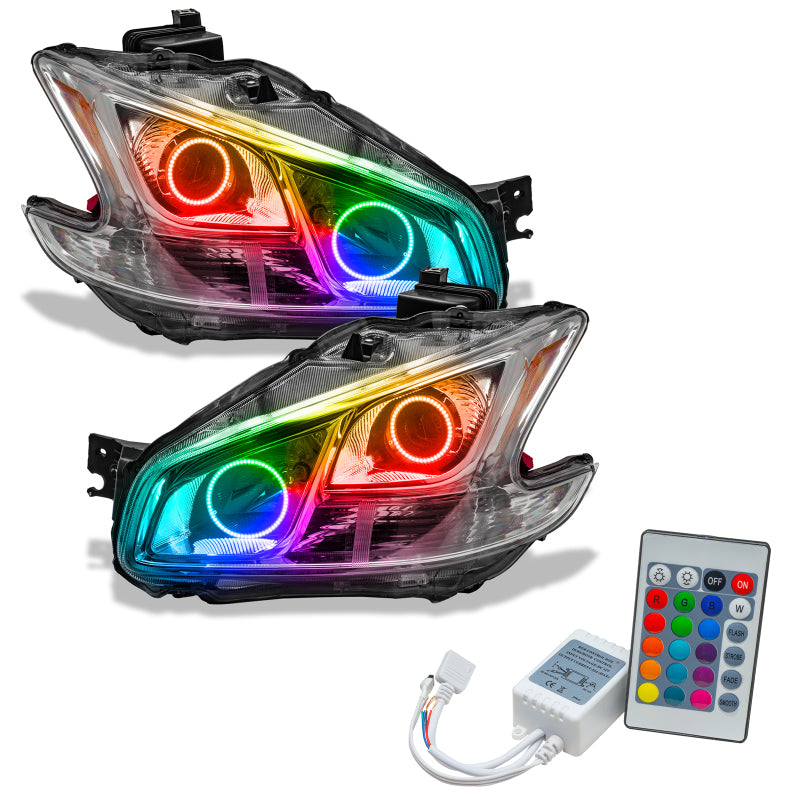 Oracle 09-13 Nissan Maxima SMD headlights with ColorSHIFT technology in chrome housing, showcasing halo rings.
