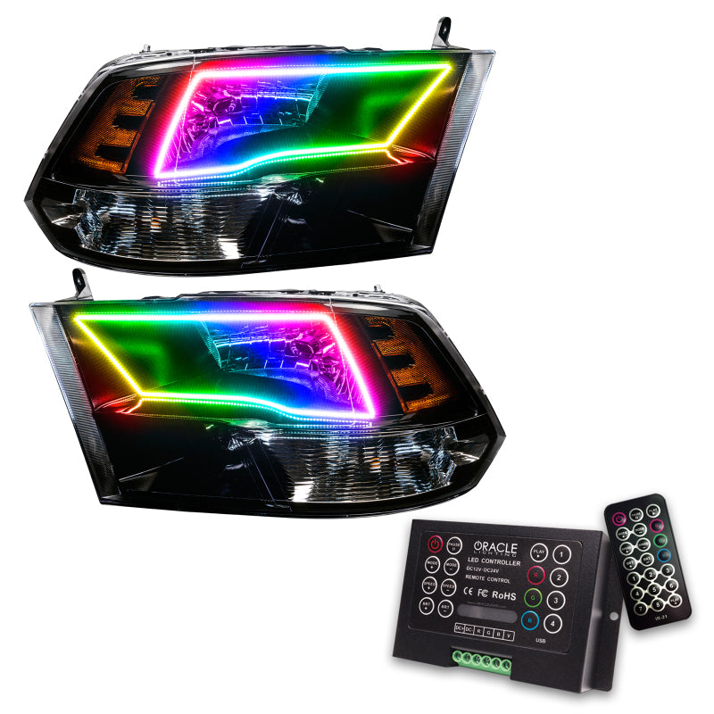 Oracle pre-assembled headlights for RAM 1500 TRX with black housing and halo rings, showcasing modern design and enhanced visibility.