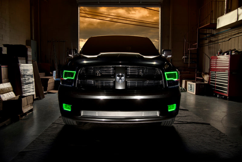 Oracle pre-assembled headlights for RAM 1500 TRX with black housing, showcasing LED technology and sleek design.