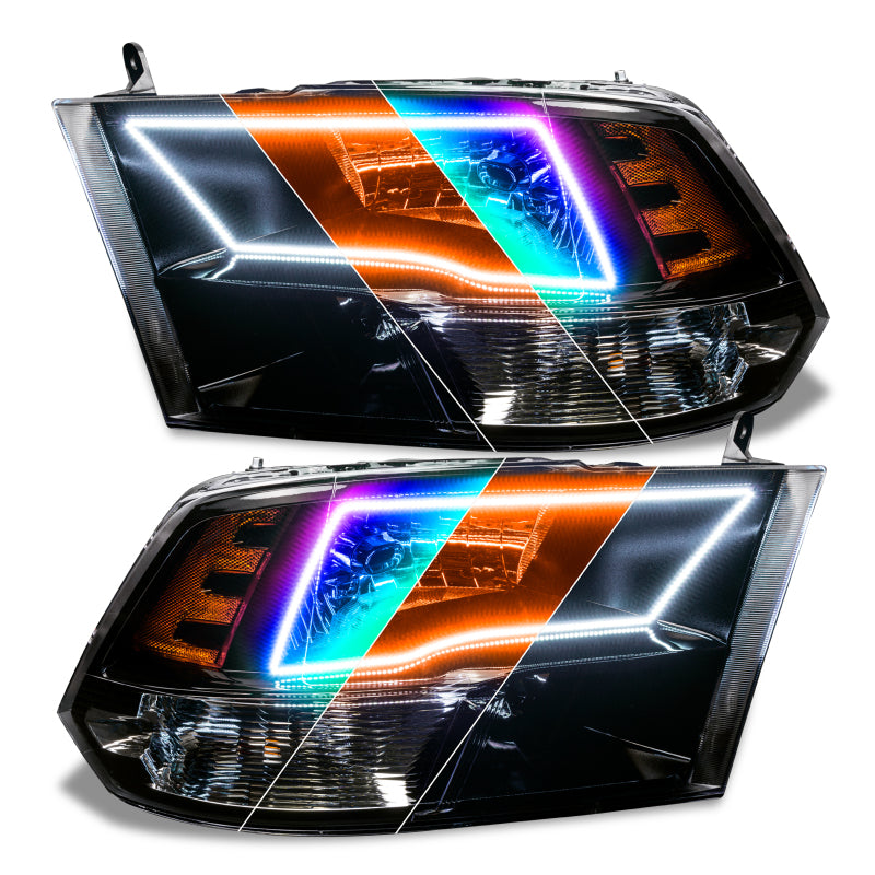 Oracle 09-18 Dodge Ram RGB+A ColorSHIFT Switchback Quad Headlight showcasing RGB halo and Amber LED features.