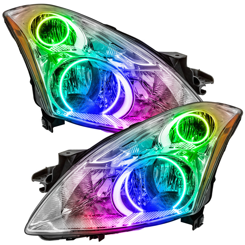 Oracle 10-12 Nissan Altima Sedan SMD headlights with ColorSHIFT halos, showcasing Chrome and Black housing options.