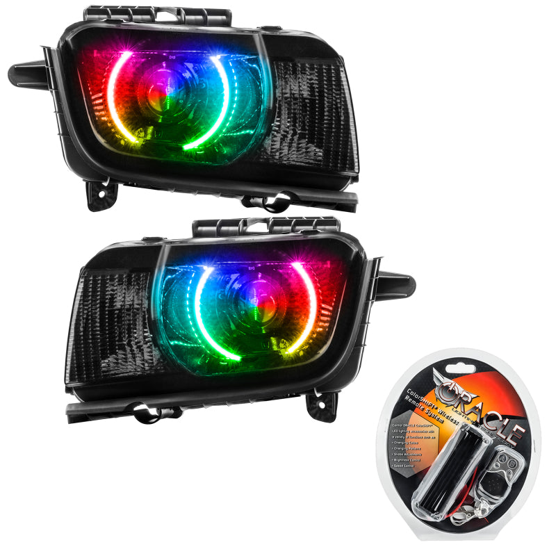 Oracle 10-13 Chevrolet Camaro SMD HL (RS) ColorSHIFT headlights with halo rings in chrome and black housing.