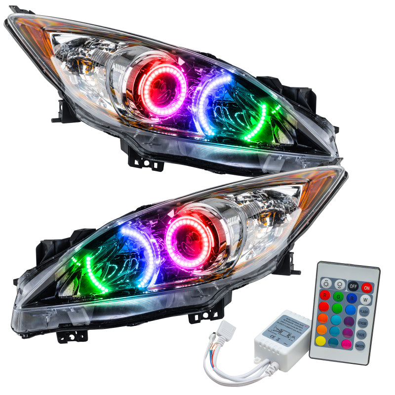 Oracle 10-13 Mazda 3 SMD HL Halogen headlights with ColorSHIFT technology, featuring pre-assembled ORACLE Halo rings in Chrome and Black housing.
