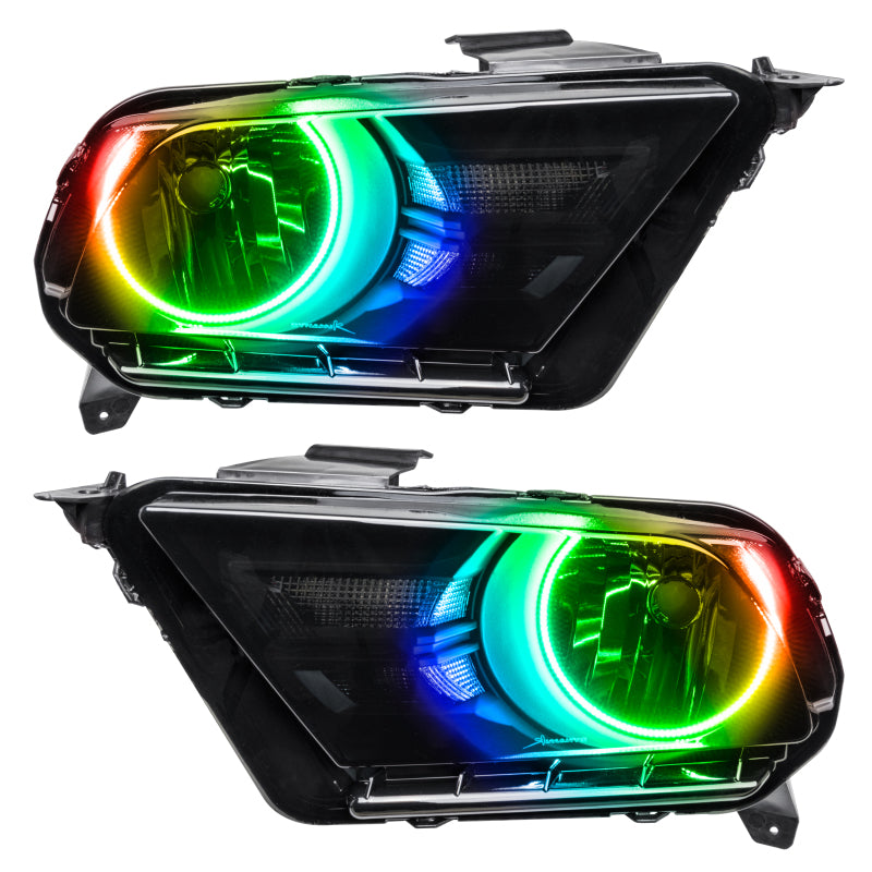 Oracle 10-14 Ford Mustang HL headlights with ColorSHIFT halos, showcasing Chrome and Black housing options.