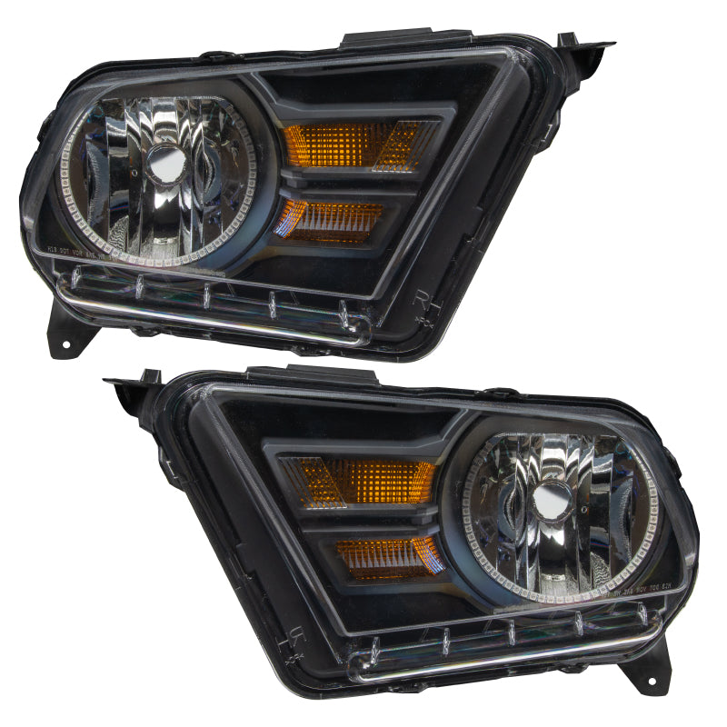 Oracle 10-14 Ford Mustang HL headlights with ColorSHIFT halos, featuring Chrome and Black housing options, pre-assembled for easy installation.