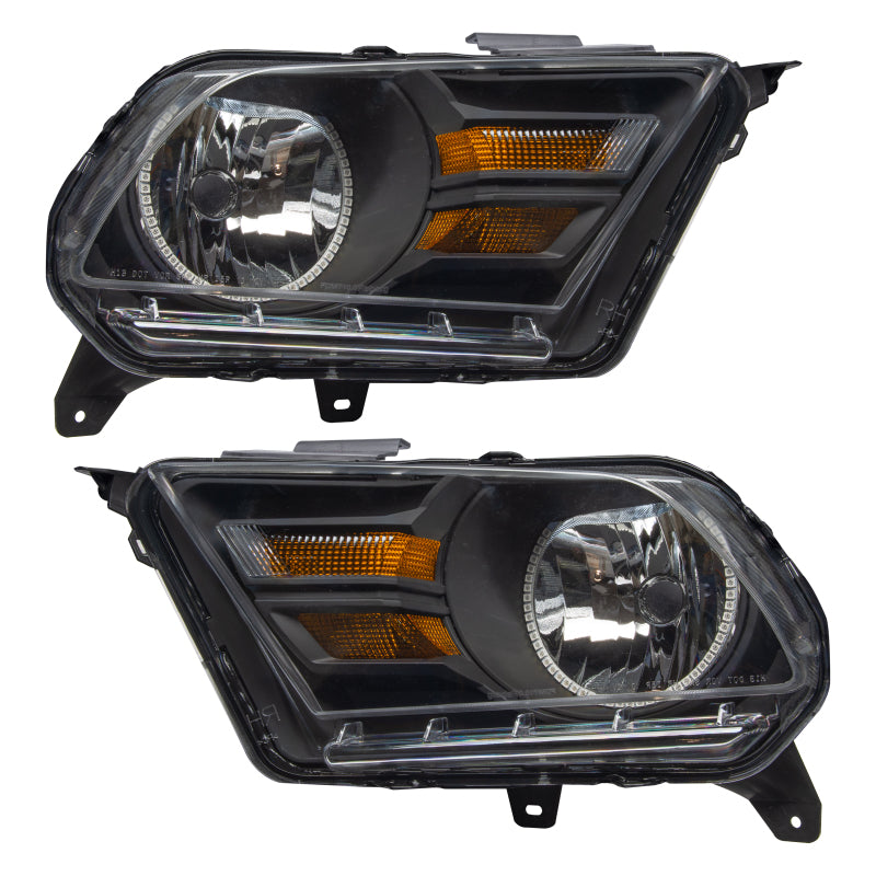 Oracle 10-14 Ford Mustang HL headlights with ColorSHIFT halos, featuring Chrome and Black housing options, pre-assembled for easy installation.