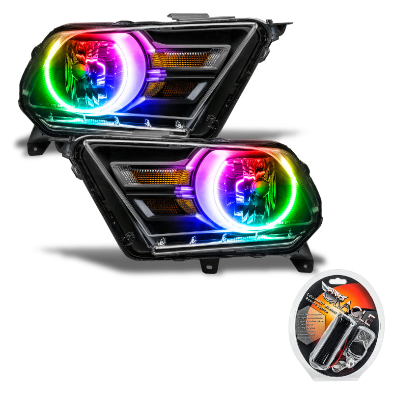 Oracle 10-14 Ford Mustang HL headlights with ColorSHIFT halos, featuring Chrome and Black housing options, pre-assembled for easy installation.