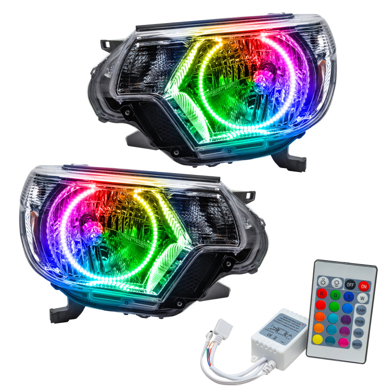 Oracle 12-15 Toyota Tacoma SMD headlights with ColorSHIFT feature and simple controller, showcasing Chrome and Black housing options.