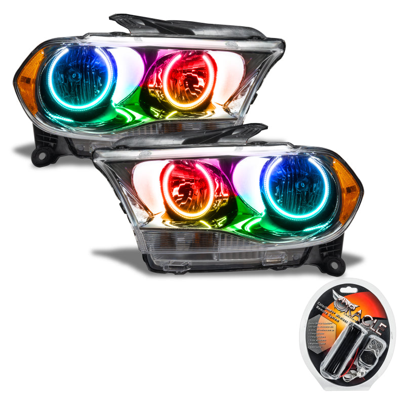 Oracle 11-13 Dodge Durango SMD HL Halogen headlights with Chrome housing and ColorSHIFT halo rings, showcasing a modern and stylish design.