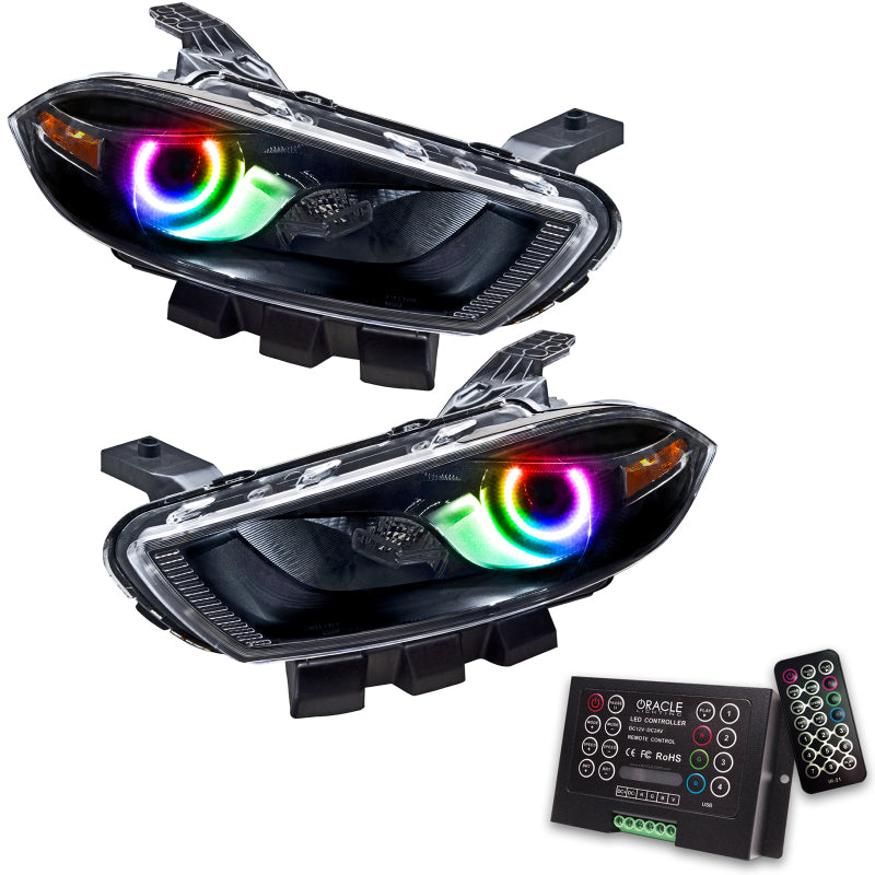 Oracle 13-14 Dodge Dart HID Style SMD Headlights in Black with ColorSHIFT technology, showcasing professional halo installation.