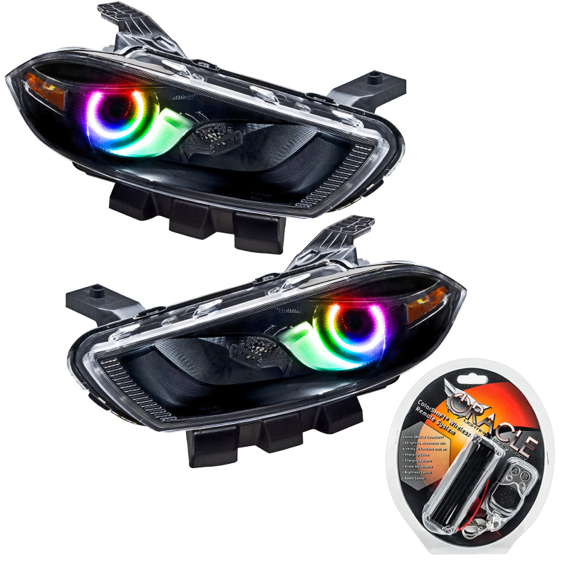 Oracle 13-14 Dodge Dart HID Style SMD Headlights in Black with ColorSHIFT technology, showcasing professional halo installation.