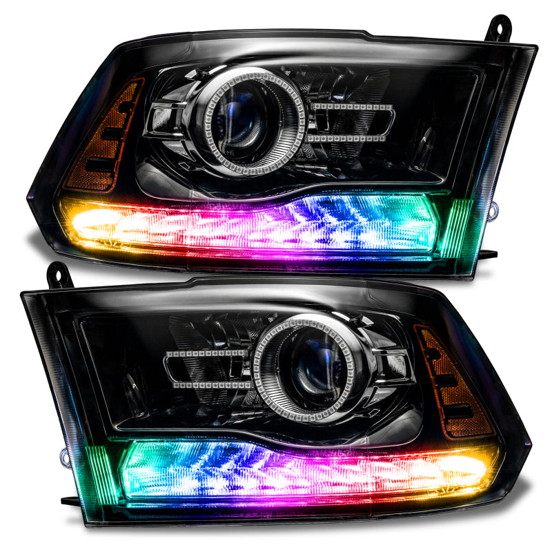 Oracle Dynamic DRL Replacement and Amber LED Turn Signals for 2013-2018 Dodge Ram, showcasing vibrant color patterns and sleek design.