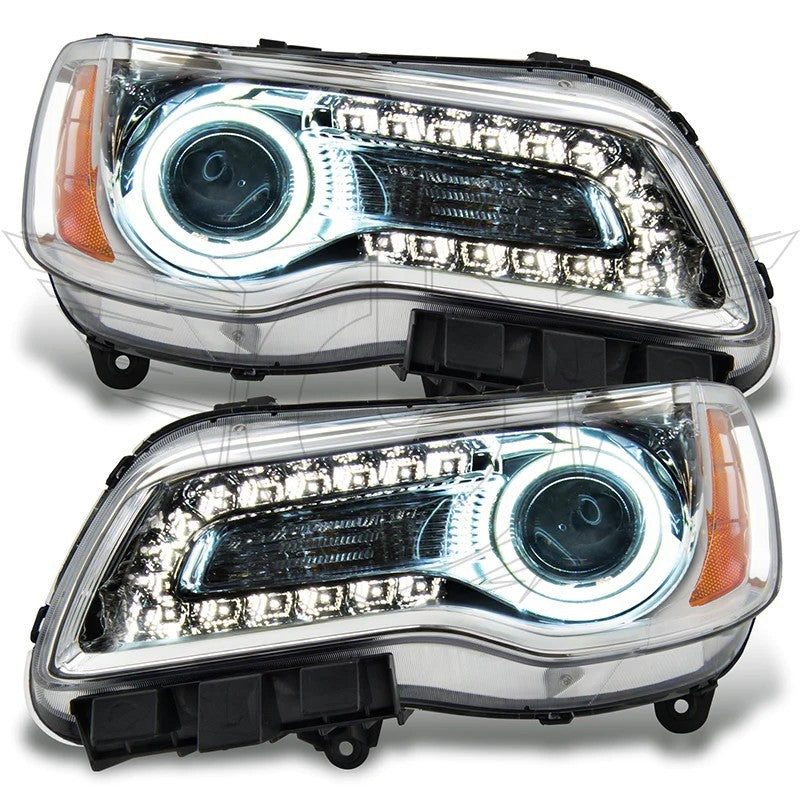 Oracle 11-14 Chrysler 300C NON HID LED Halo Headlights with chrome housing, showcasing the integrated halo rings and sleek design.
