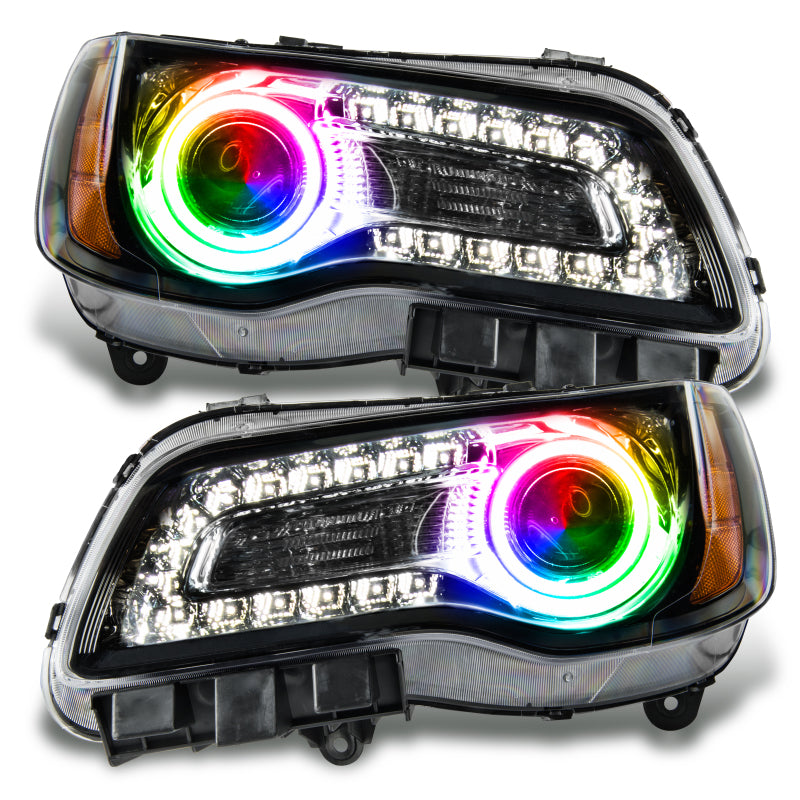 Oracle 11-14 Chrysler 300C SMD headlights in black housing with ColorSHIFT halo rings, showcasing a modern and stylish design.