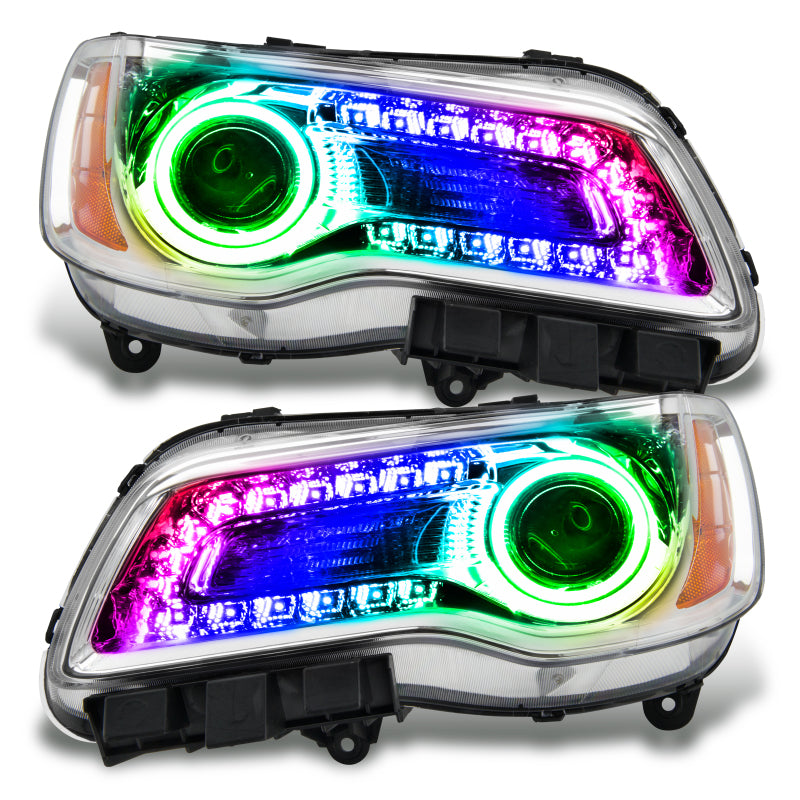 Oracle 11-14 Chrysler 300C SMD headlights with chrome housing and ColorSHIFT DRL, showcasing pre-installed halo rings.