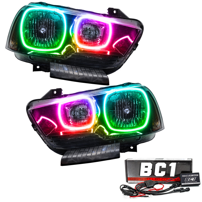 Oracle 11-14 Dodge Charger SMD headlights with ColorSHIFT technology, showcasing vibrant LED lights and sleek design.